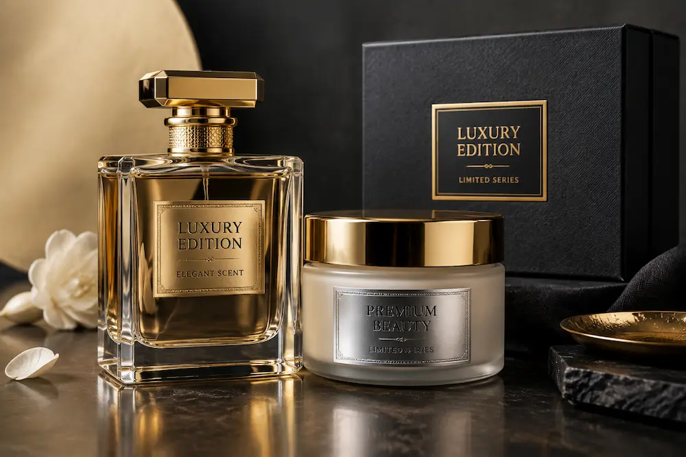 لیبل متالایز طلایی و نقره‌ ای روی بسته‌بندی لوکس عطر و محصولات آرایشی

